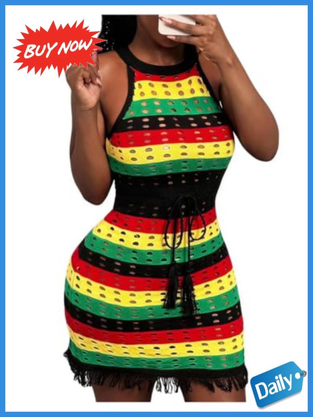 Striped Sleeveless Bodycon Dress Crew Neck Tie Front Summer Party